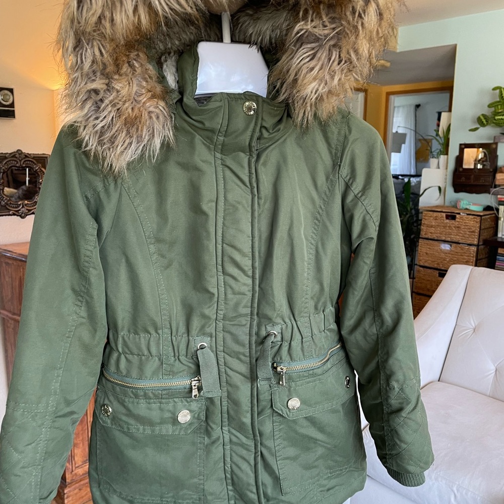 Justice hooded canvas parka coat with faux fur trim